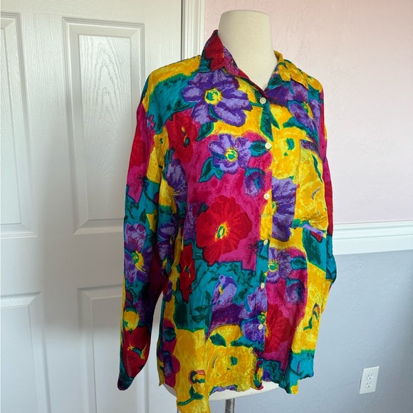 Vintage XPL XPLOSIF Women’s Long Sleeve Floral Blouse Size Medium 100% Silk - Picture 3 of 15